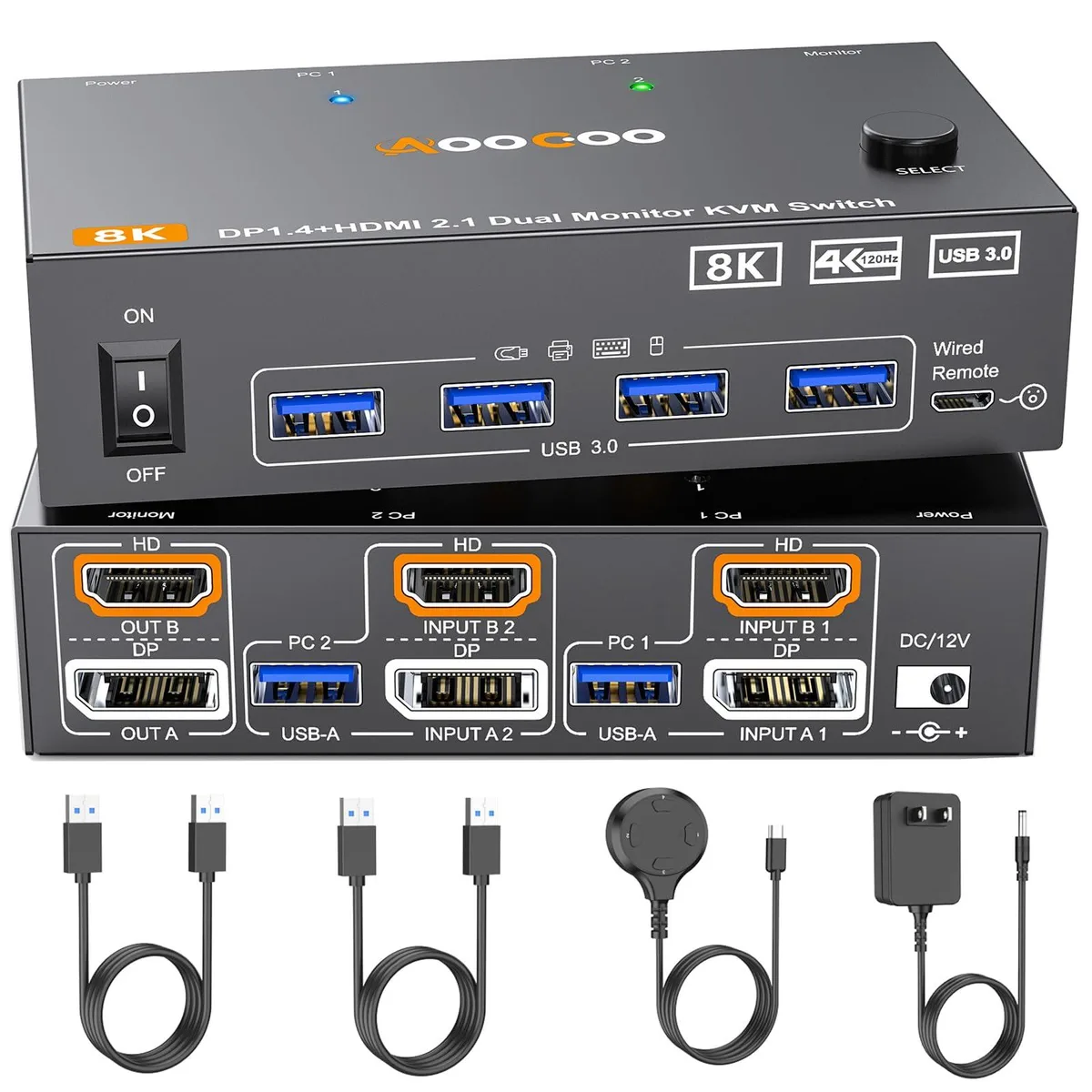  TRENDnet AO-8202DH-US-1227 Dual Monitor KVM Switch 2 PC 8K@60Hz 4K@144Hz — product photo