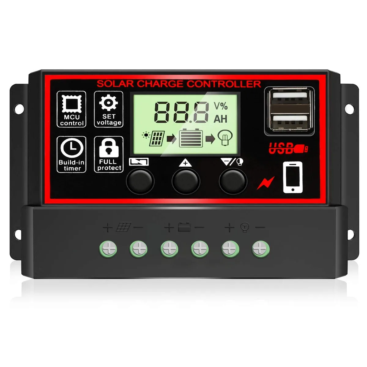 Rectangular black solar charge controller with blue LCD display and dual USB ports