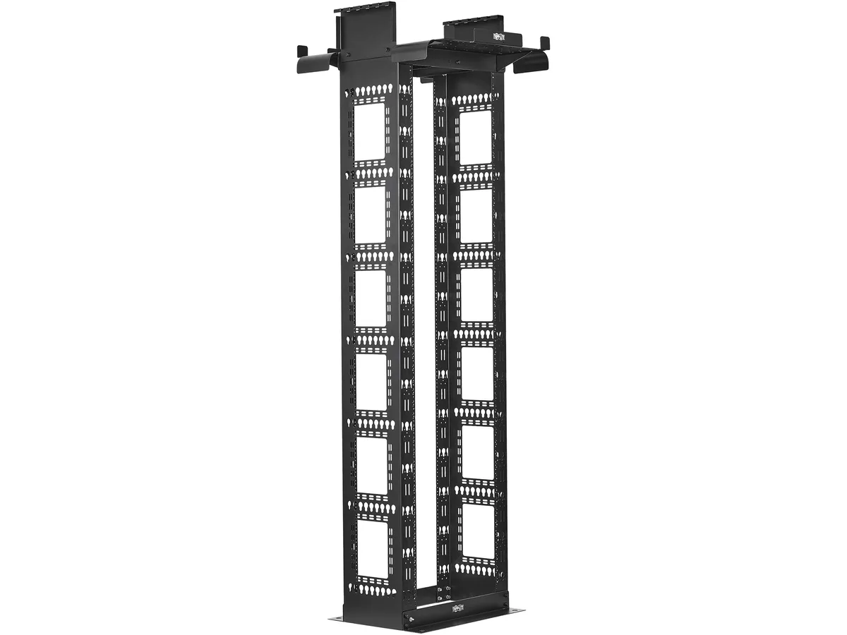 Black open-frame 2-post server rack, 45U tall, 12-inch depth, heavy-duty steel construction