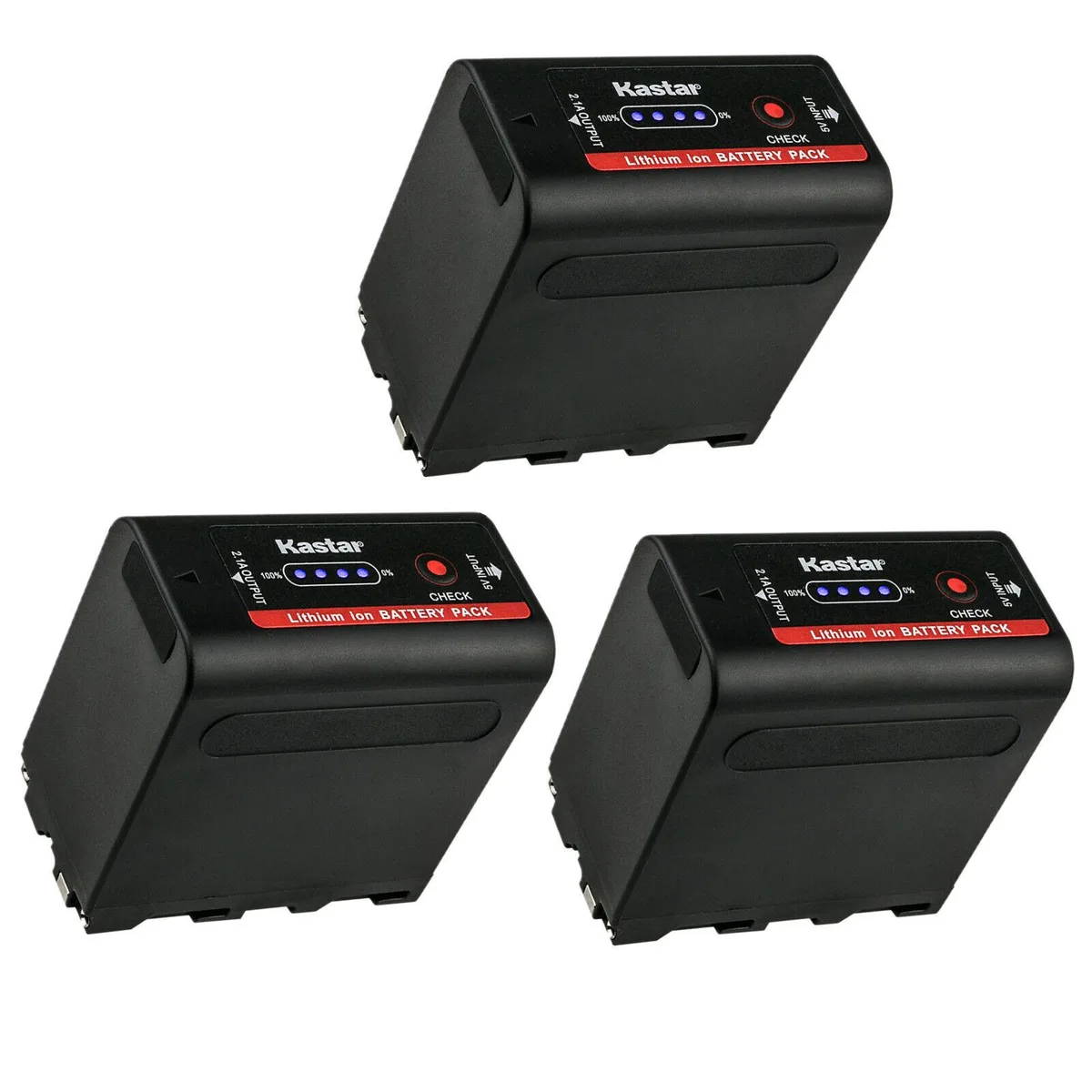 Three black rectangular Li-Ion batteries with four LED indicators and micro-USB ports