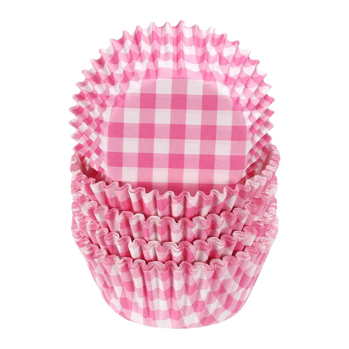 Stack of pink grid-patterned paper cupcake liners, standard size