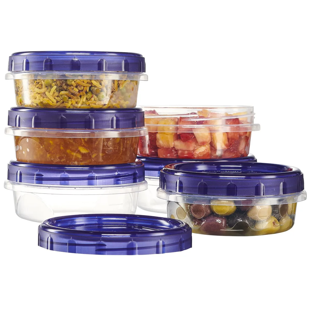 Six red 8 oz plastic containers with blue screw-on lids