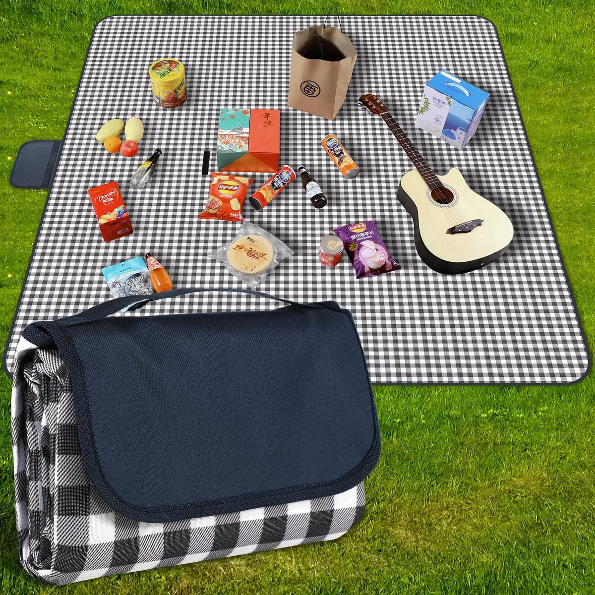 Navy blue checkered picnic blanket folded with carry handle, 80 by 80 inches open size