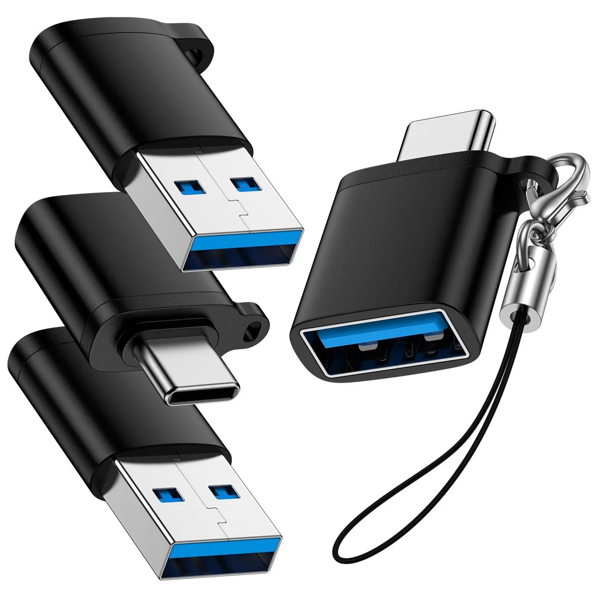 Four small USB-C and USB-A adapters with aluminum ends and lanyard holes
