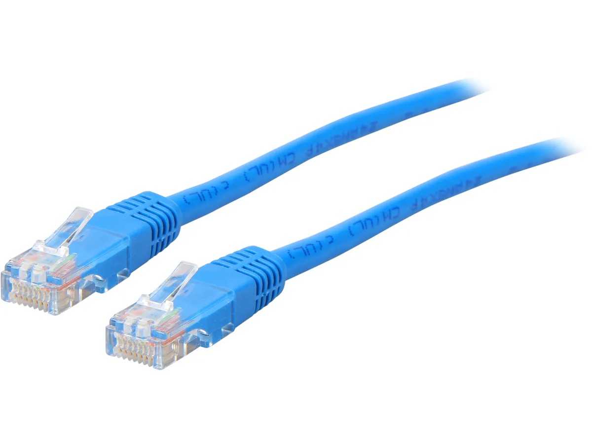 Blue Cat5e UTP patch cable with moulded RJ45 connectors, five feet long