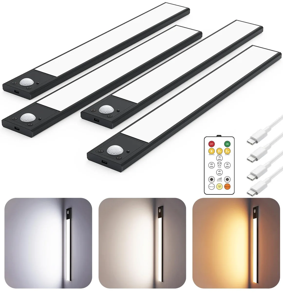 Four white ultra-thin 12-inch LED bars with clear prismatic diffusers, remote control, and mounting hardware