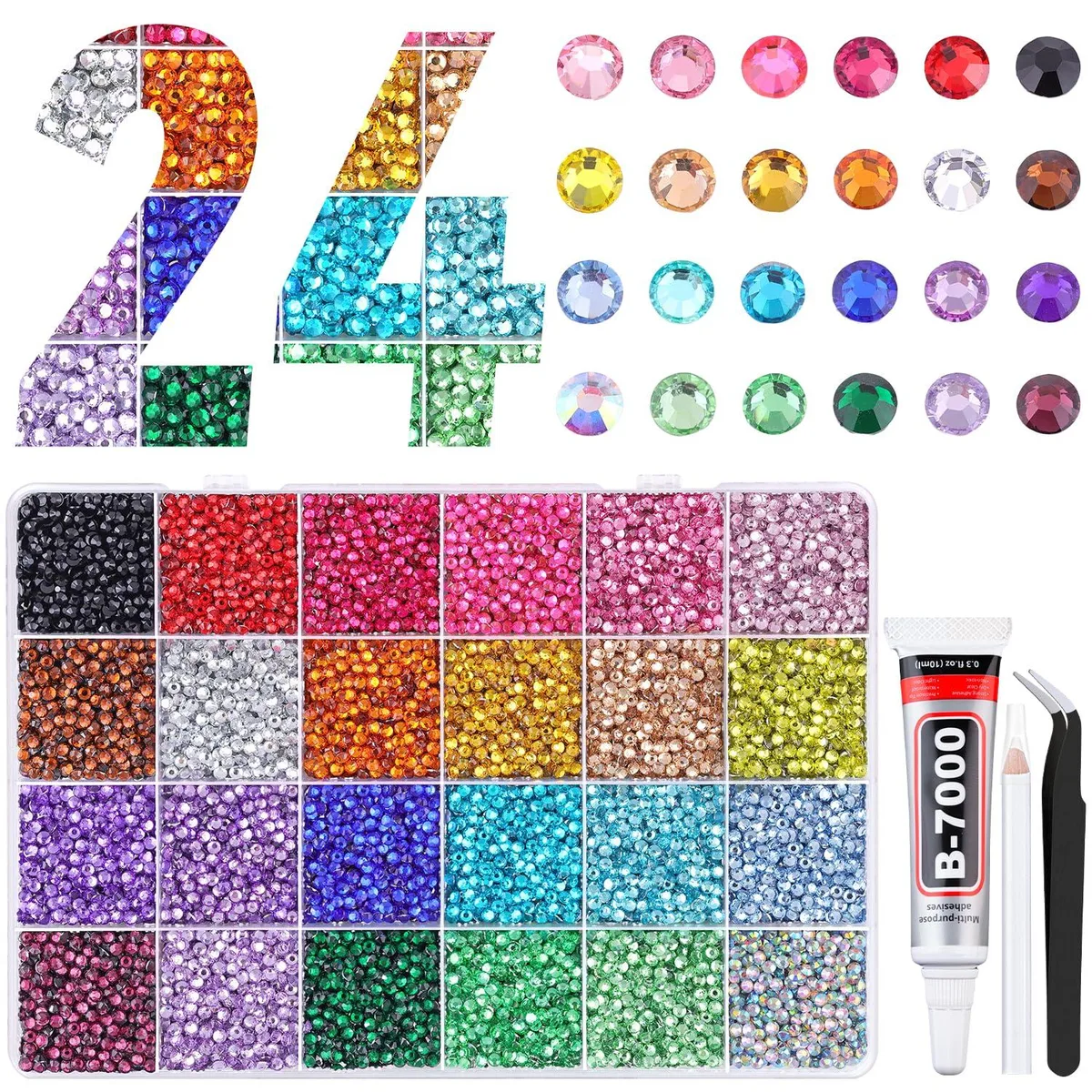 None Continuous None Continuous 24000Pcs Resin Rhinestones 3mm Mixed-Color with B7000 Glue Tweezers Pickup Pen — product photo