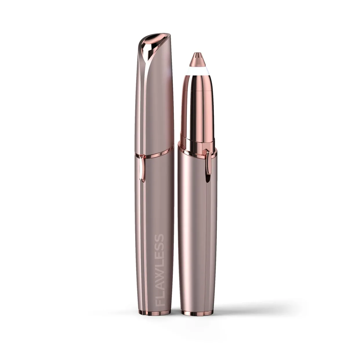 Pink pen-shaped eyebrow shaver with gold-plated head and LED light