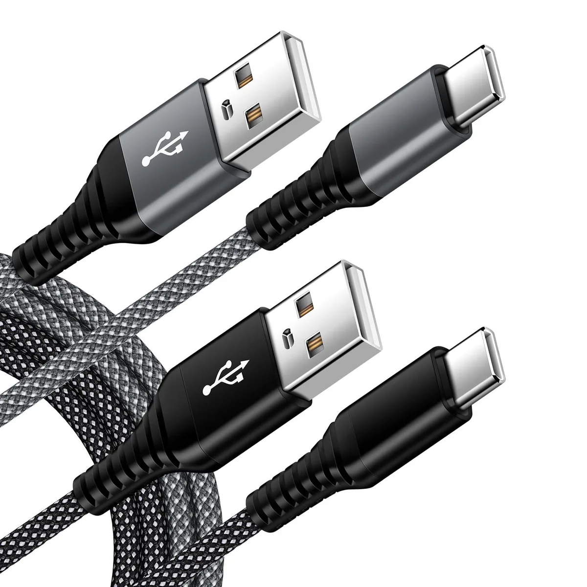 Two braided USB-A to USB-C cables, 3 ft each, male-to-male connectors