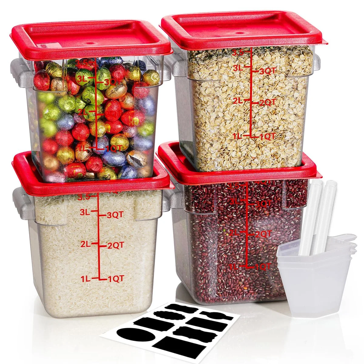 Four clear square containers with red lids, labels and measuring cups