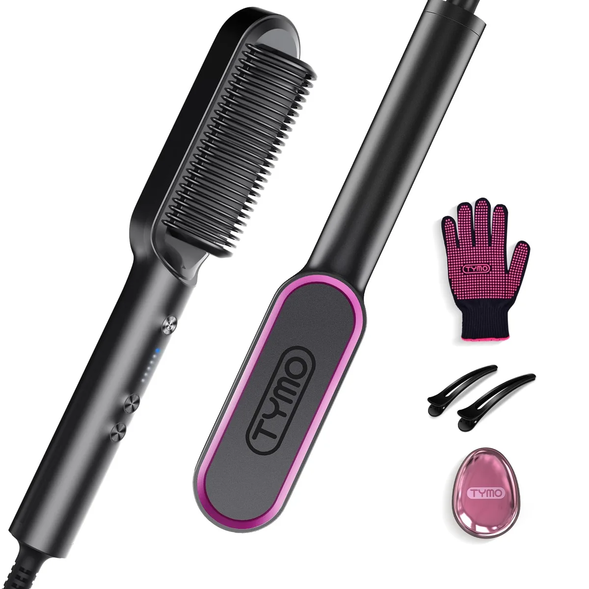 Black straightening brush with heated bristles and slim handle