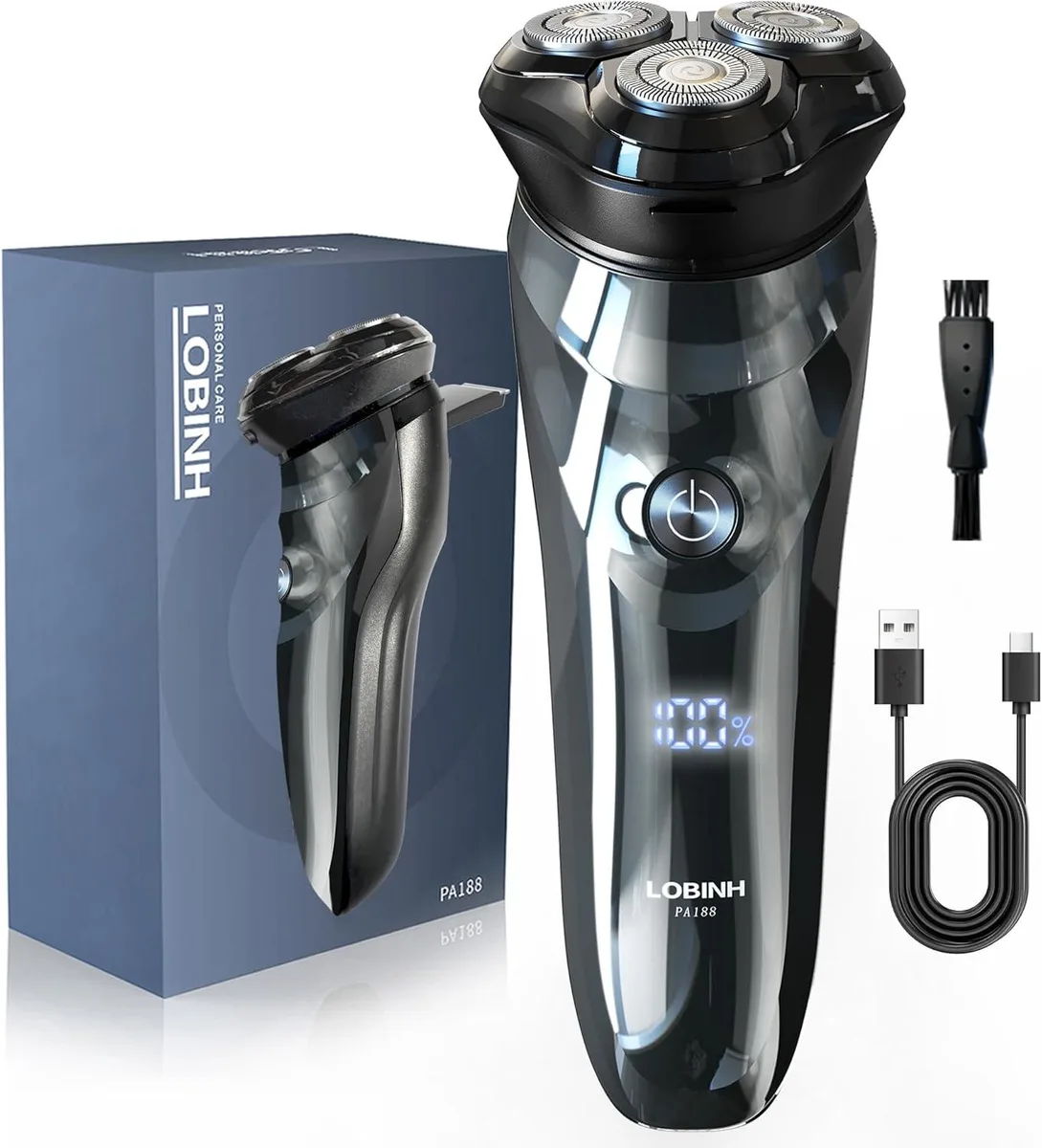 Black rotary electric shaver with three floating heads pop-up trimmer and LCD display