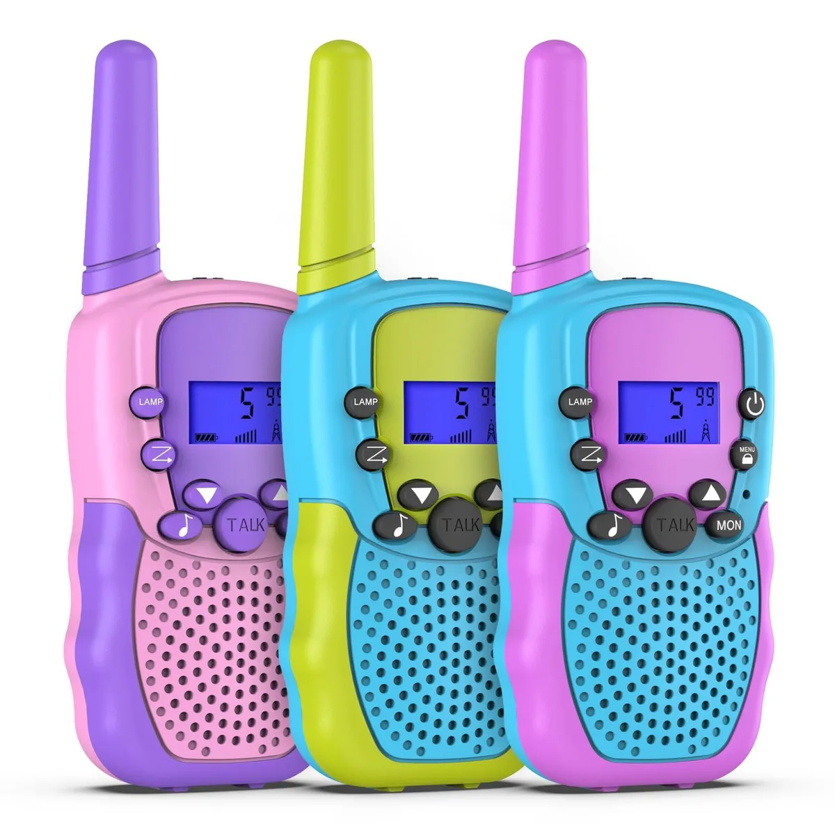 Three compact yellow walkie-talkies with black buttons and antennas in a row