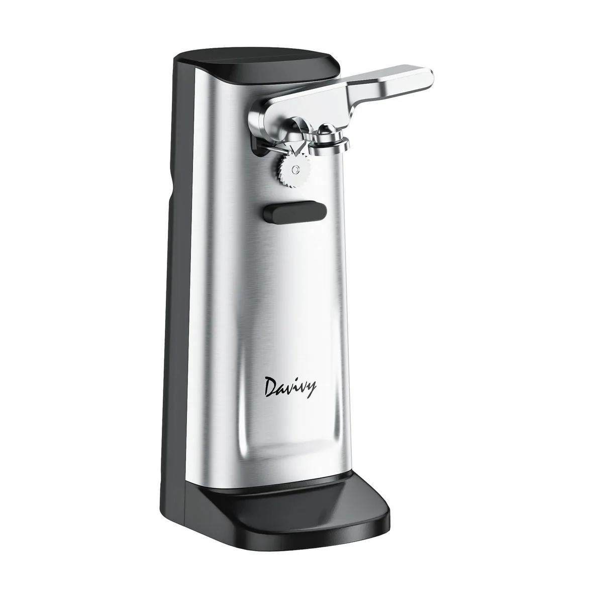 Black stainless-steel electric can opener with removable cutter, knife sharpener and bottle opener, wide non-slip base