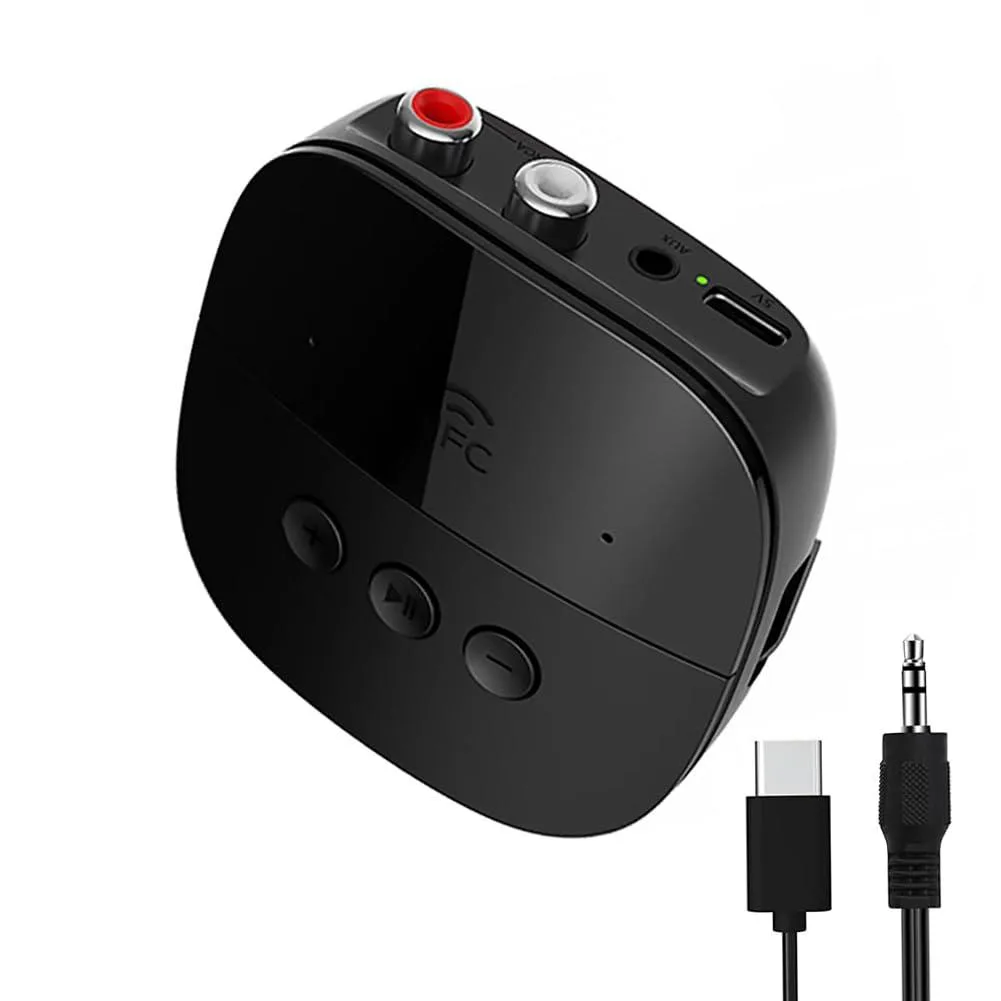 Compact square Bluetooth 5.2 receiver with 3.5 mm and RCA ports, matte black finish