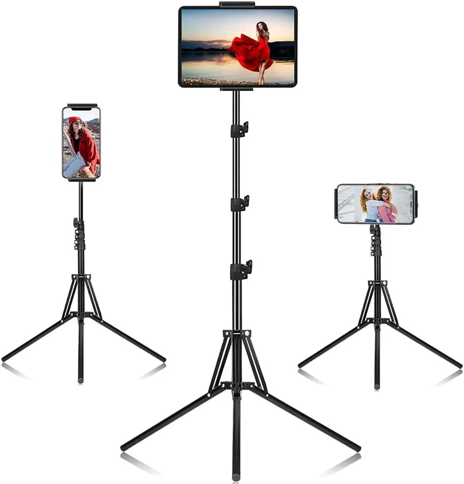 Silver aluminium floor tripod with 65 inch height adjustable tablet holder and 360 degree rotation