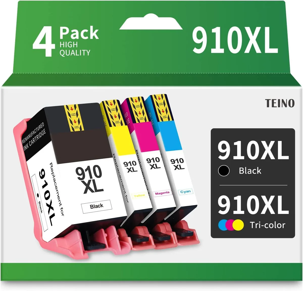 Four rectangular ink cartridges in black cyan magenta yellow packaging