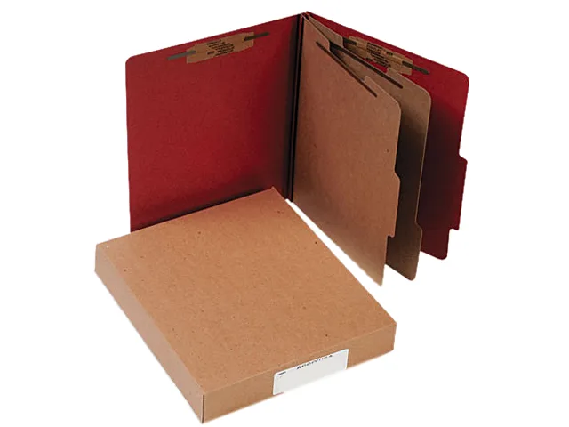 Red pressboard classification folder with Tyvek dividers and fasteners