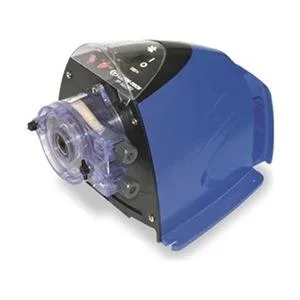 White metering pump housing with black control panel and quarter-inch discharge fitting