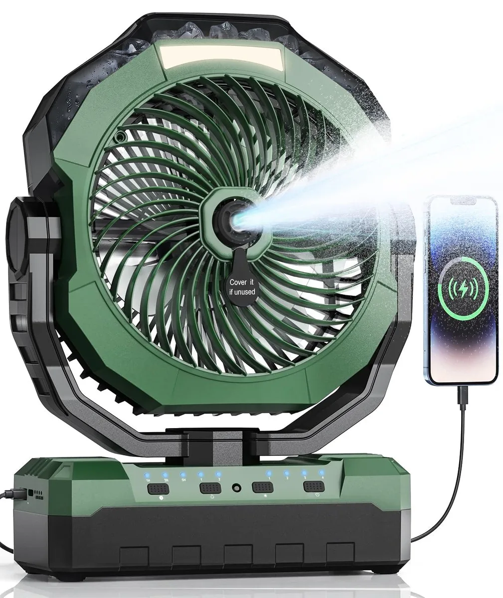 Green portable misting fan with built-in hook and LED light