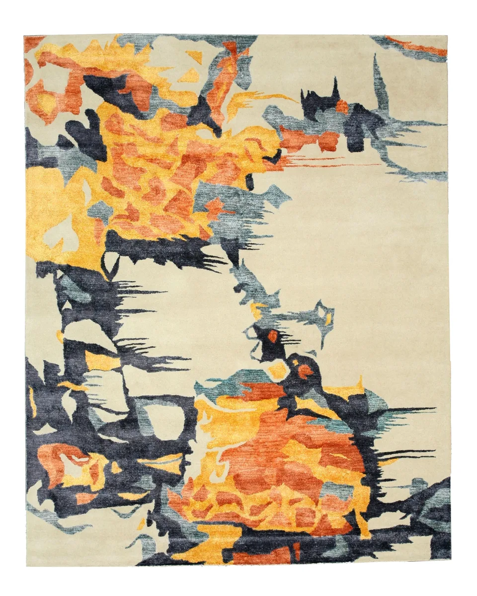Ivory rectangular rug with abstract bamboo pattern, hand-tufted wool-viscose blend