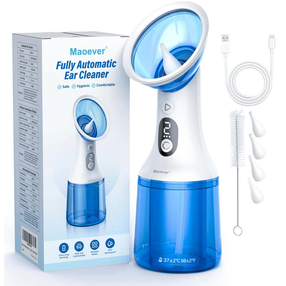 Baby blue electric ear wax remover with dual water tanks, USB-C cable and two nozzles