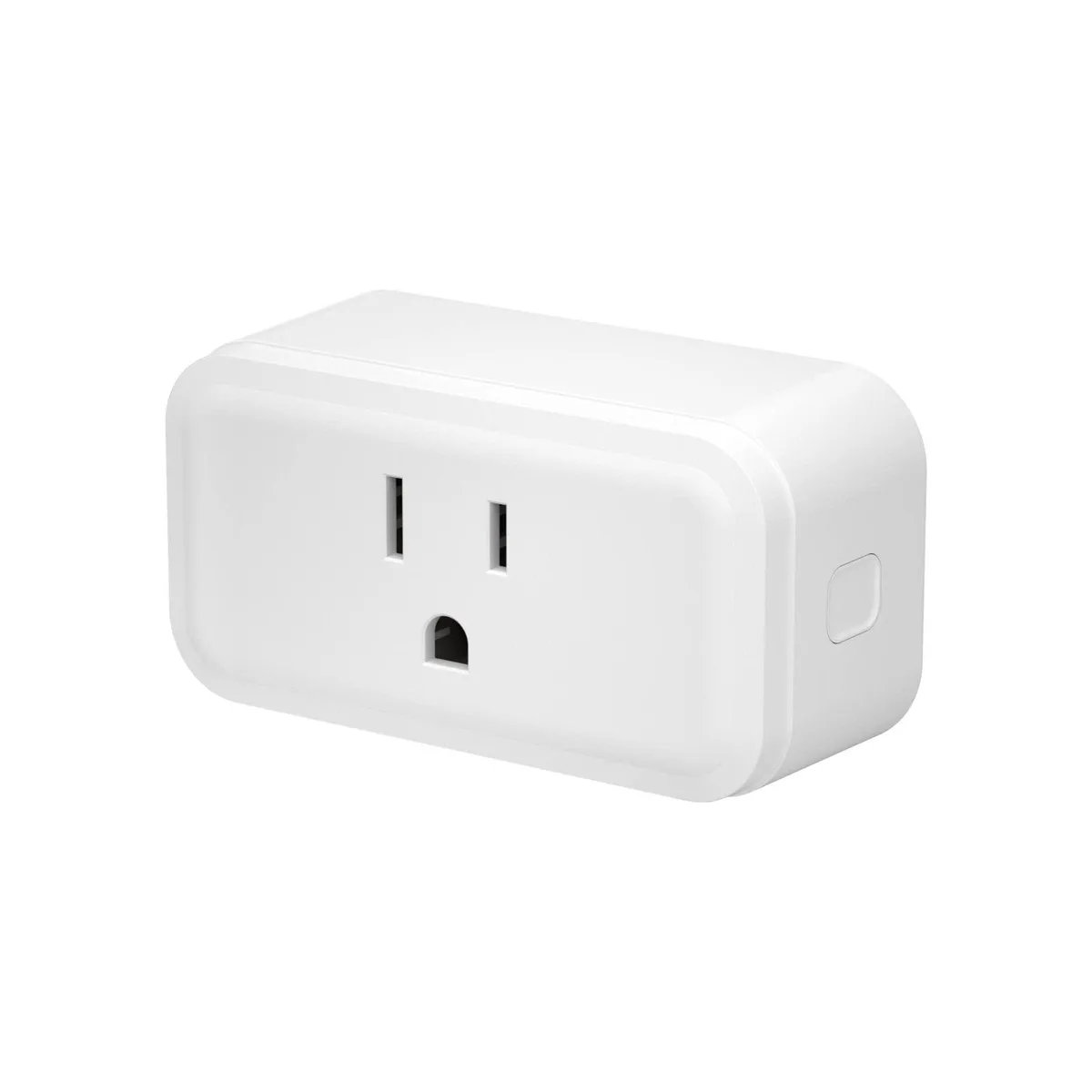 Compact white smart plug with single outlet and side button