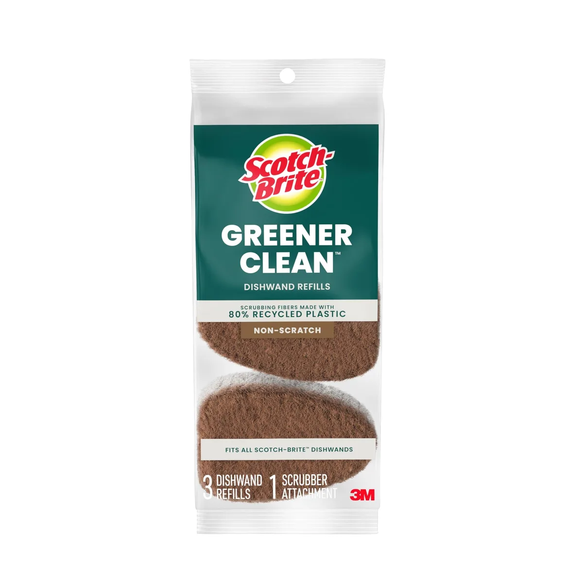 Three non-scratch dishwand refill heads in recyclable packaging