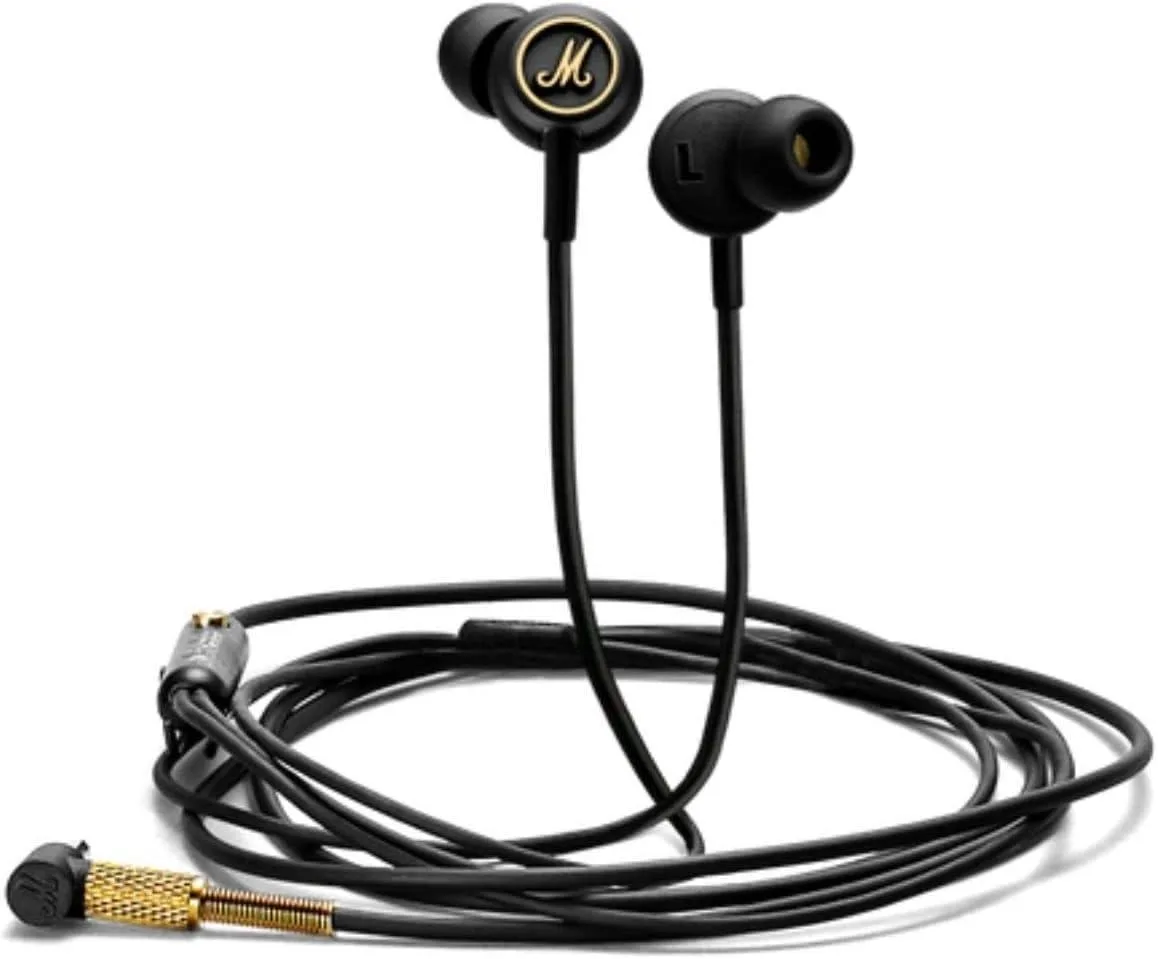 Black and brass in-ear headphones with microphone remote and EQ switch
