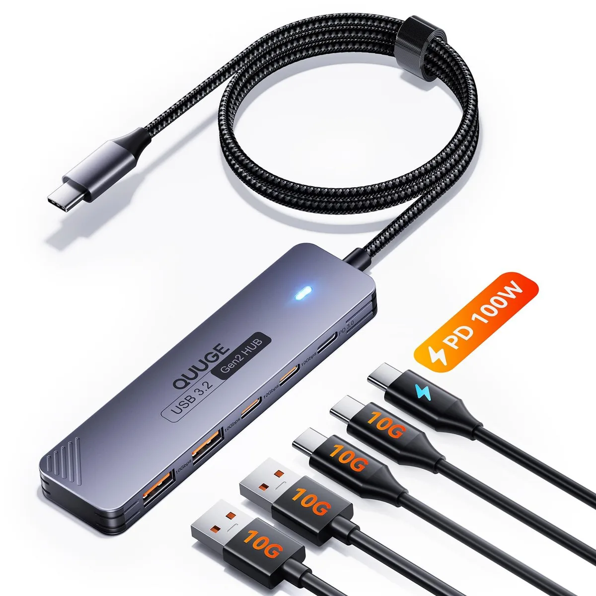 Compact aluminium USB-C hub with two USB-C and two USB-A ports, braided 1m cable