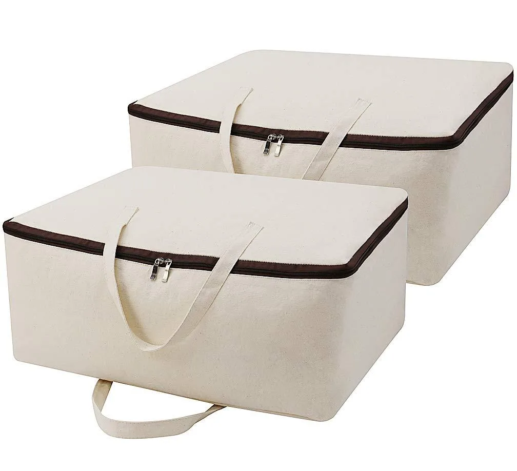 Two rectangular cotton canvas storage bags with top handles and three-side zip openings