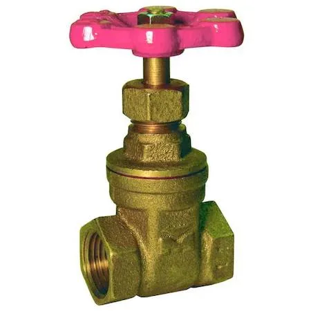 Small brass gate valve with a round wheel handle and threaded ends