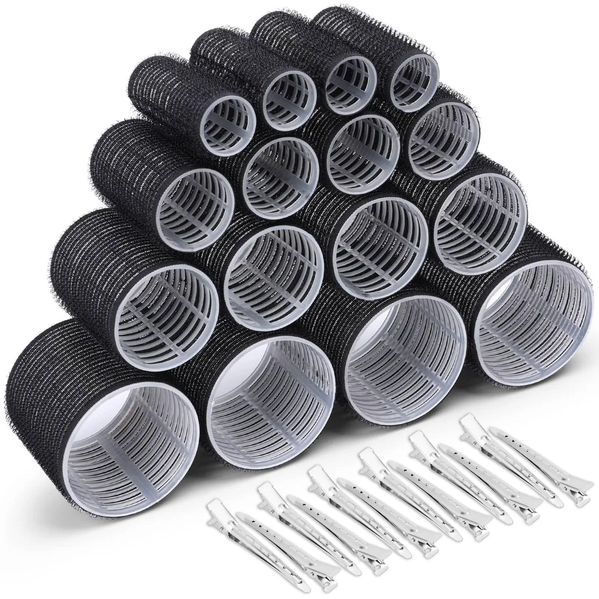 Black plastic self-grip hair rollers in four sizes with matching clips, 28-piece set