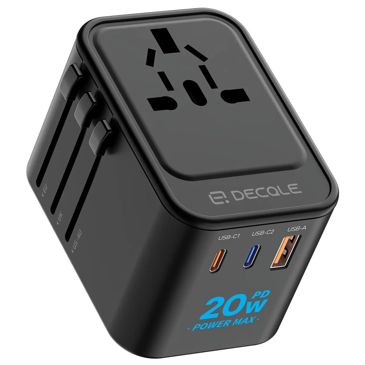  decqle DQZ9 Universal Travel Adapter 2 USB-C PD 20W 1 USB-A Black — product photo