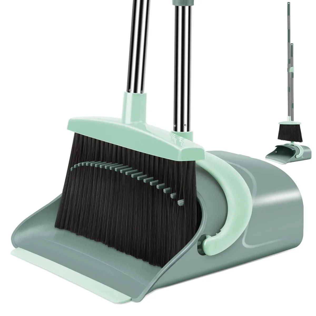  3M Broom &amp; Dustpan Set 38.6-50.6 in Adjustable Handle Gray &amp; Green — product photo