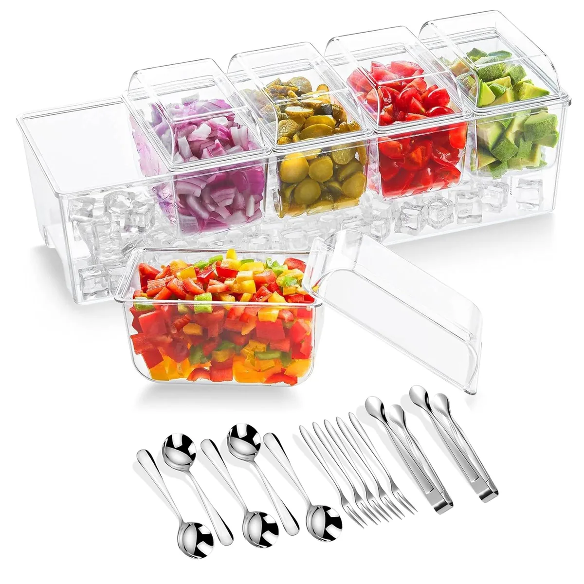 Transparent rectangular condiment server with five removable containers, ice compartment, stainless steel utensils