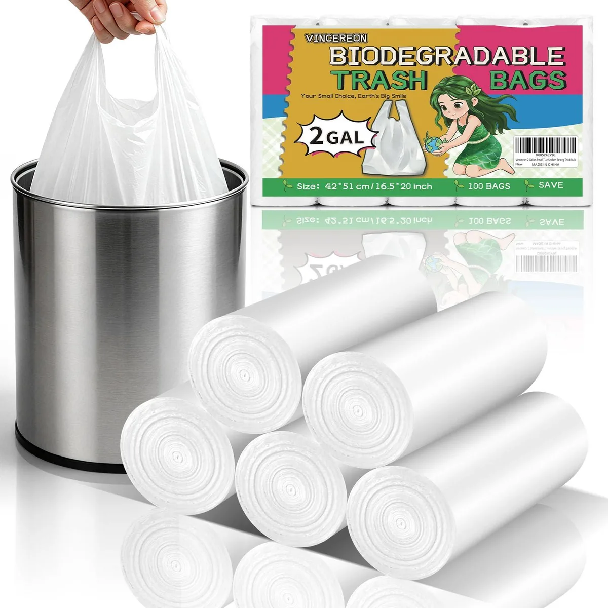 White 2 gallon trash bags with handles on five rolls 100 count