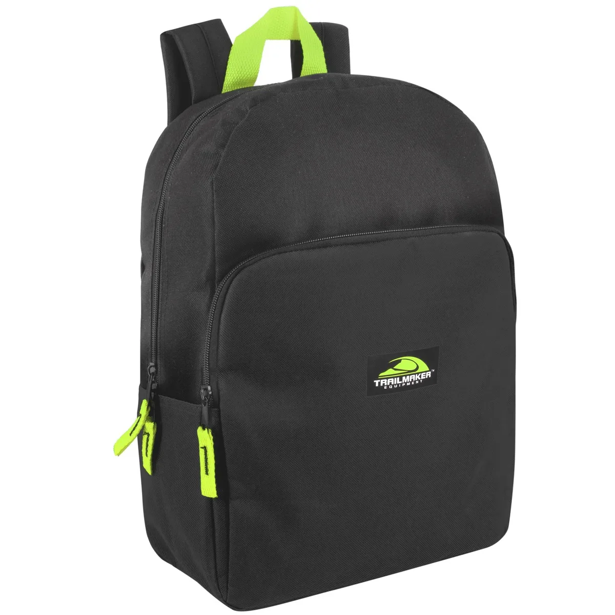 Black Neon 15 inch polyester backpack with front zip pocket and padded straps