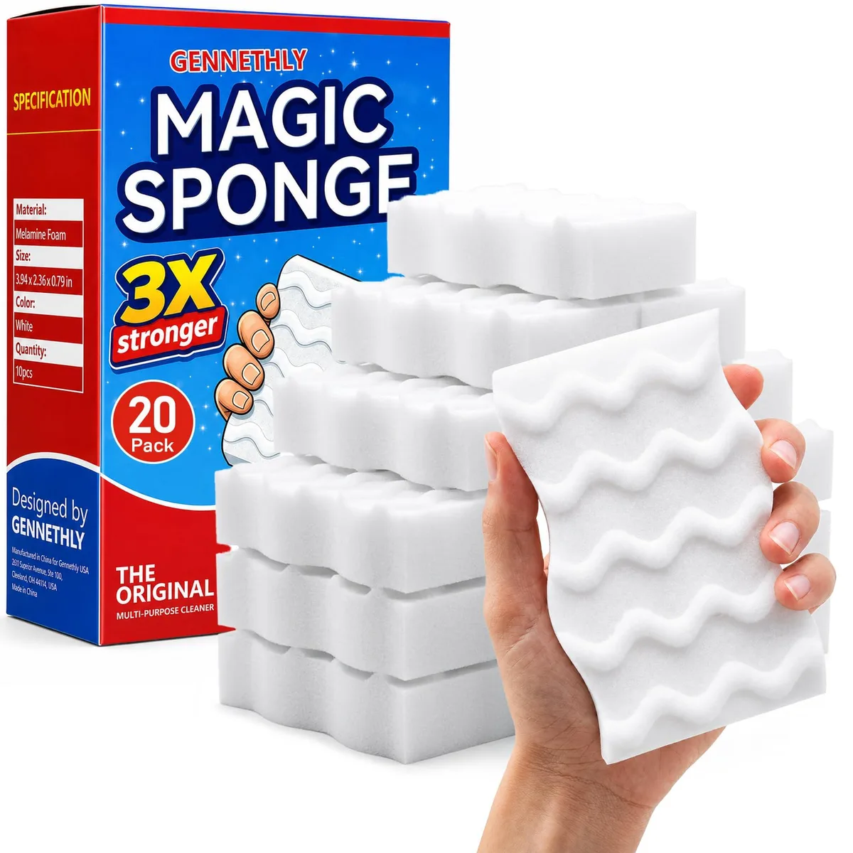 White rectangular melamine foam blocks with wavy grip ridges, twenty in a pack