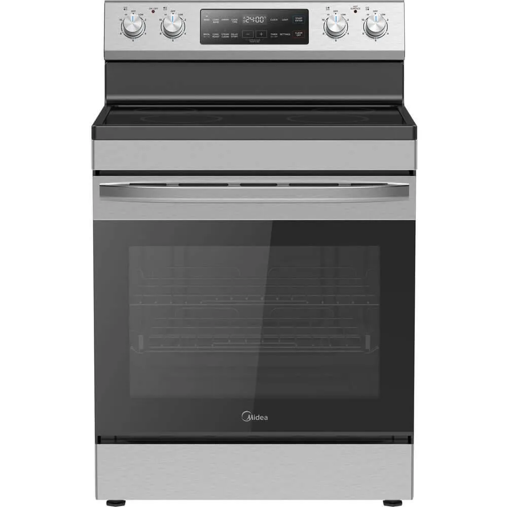 Stainless steel freestanding electric range with four-element cooktop and storage drawer