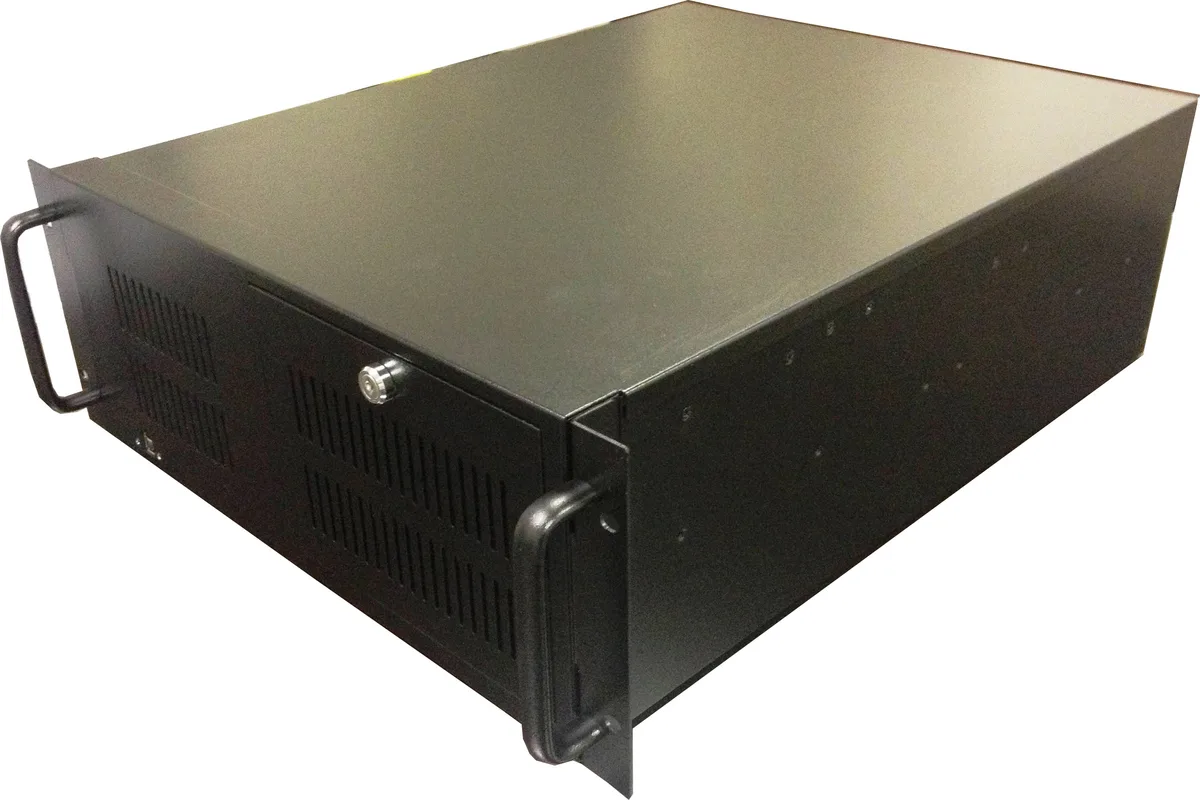 Black 4U rackmount server chassis with lockable front door, three 5.25 inch bays, one 3.5 inch bay
