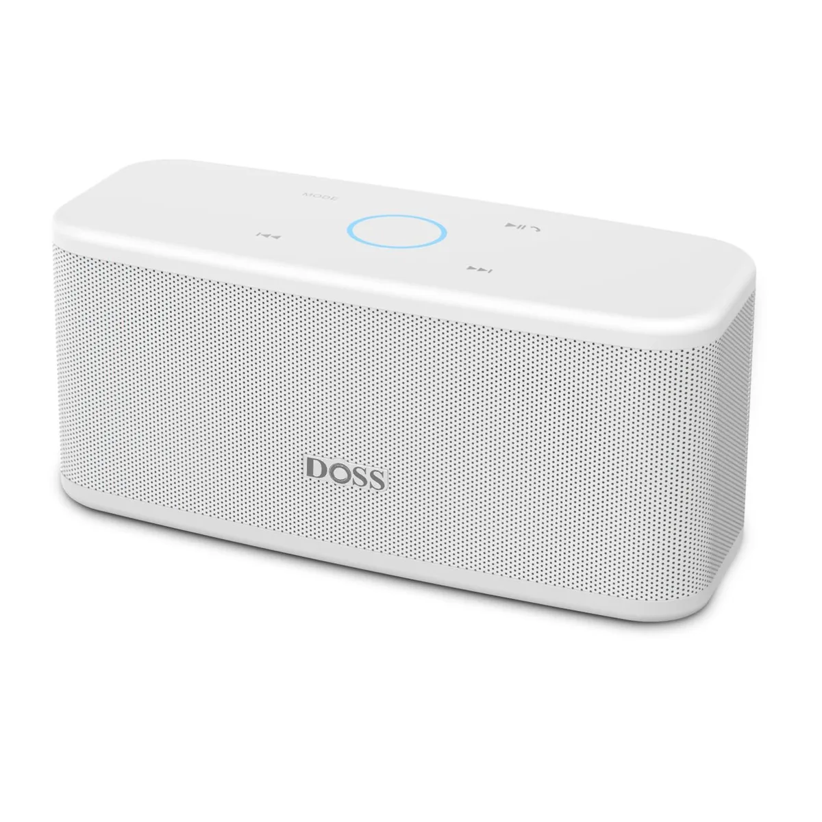 White rectangular portable speaker with touch controls and metal grille