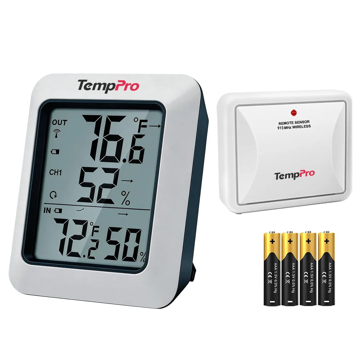 White rectangular thermometer with 3.1 by 2.6 inch LCD screen and tabletop stand