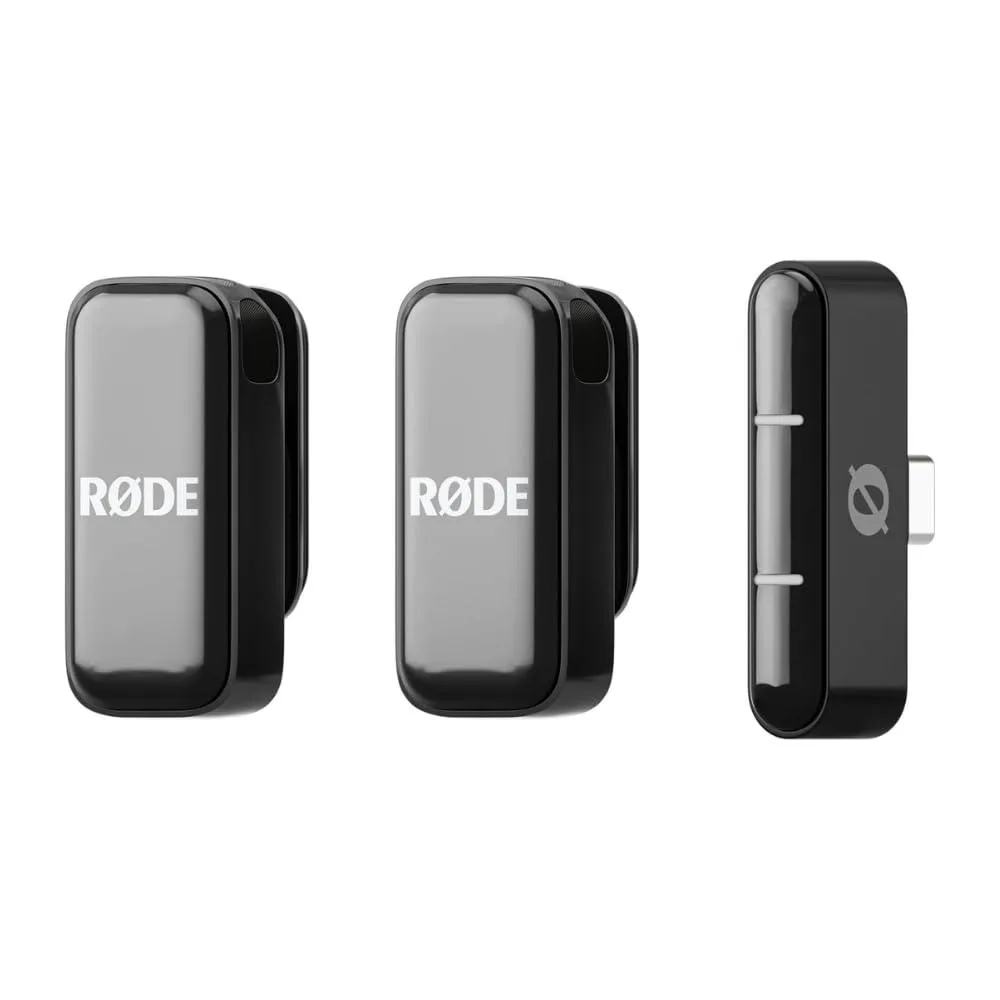 Black wireless microphone kit with two clip-on transmitters and pocket charging case