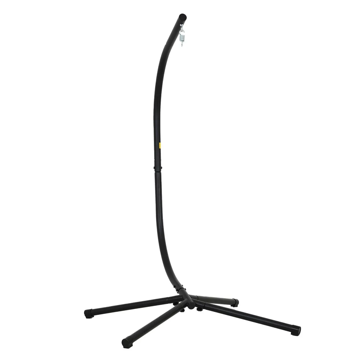 Black powder-coated steel hammock chair stand, 44 by 31 by 85 inches, 360-degree swivel