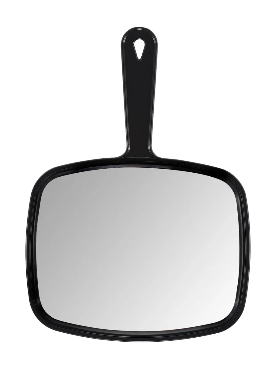 Black rectangular handheld mirror with smooth handle and hanging hole