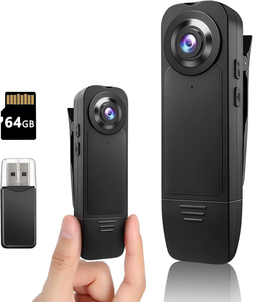 Small black rectangular body camera with clip and lens