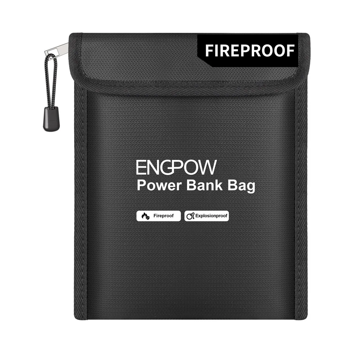 Black fireproof travel bag with hand strap, 9 by 7 inches
