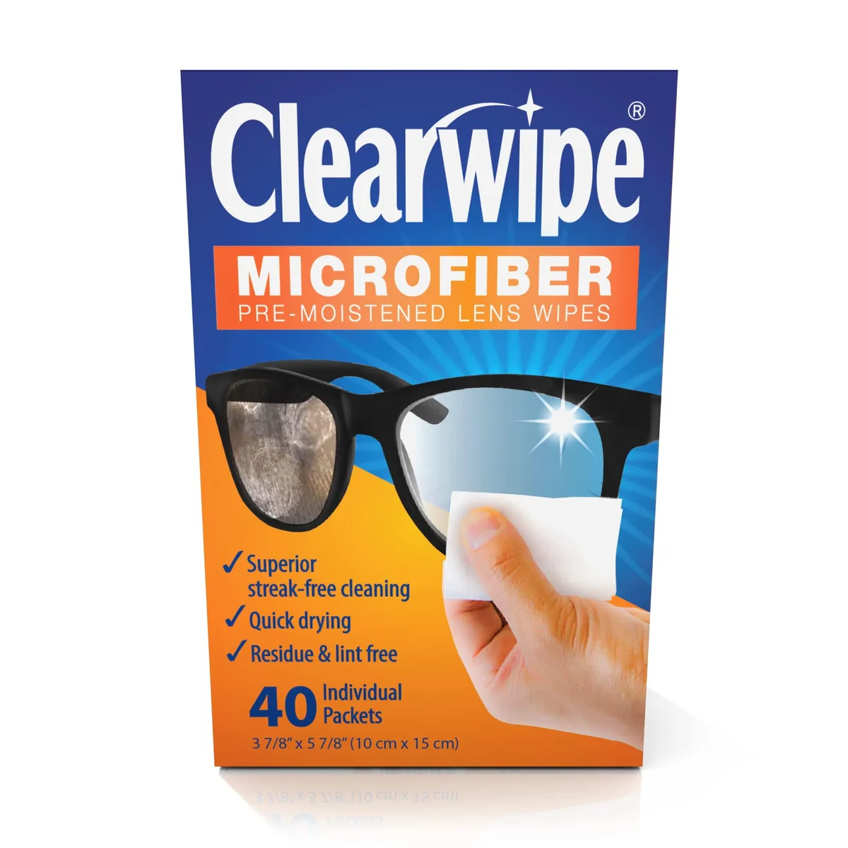 White rectangular box containing 40 individually wrapped microfiber lens wipes