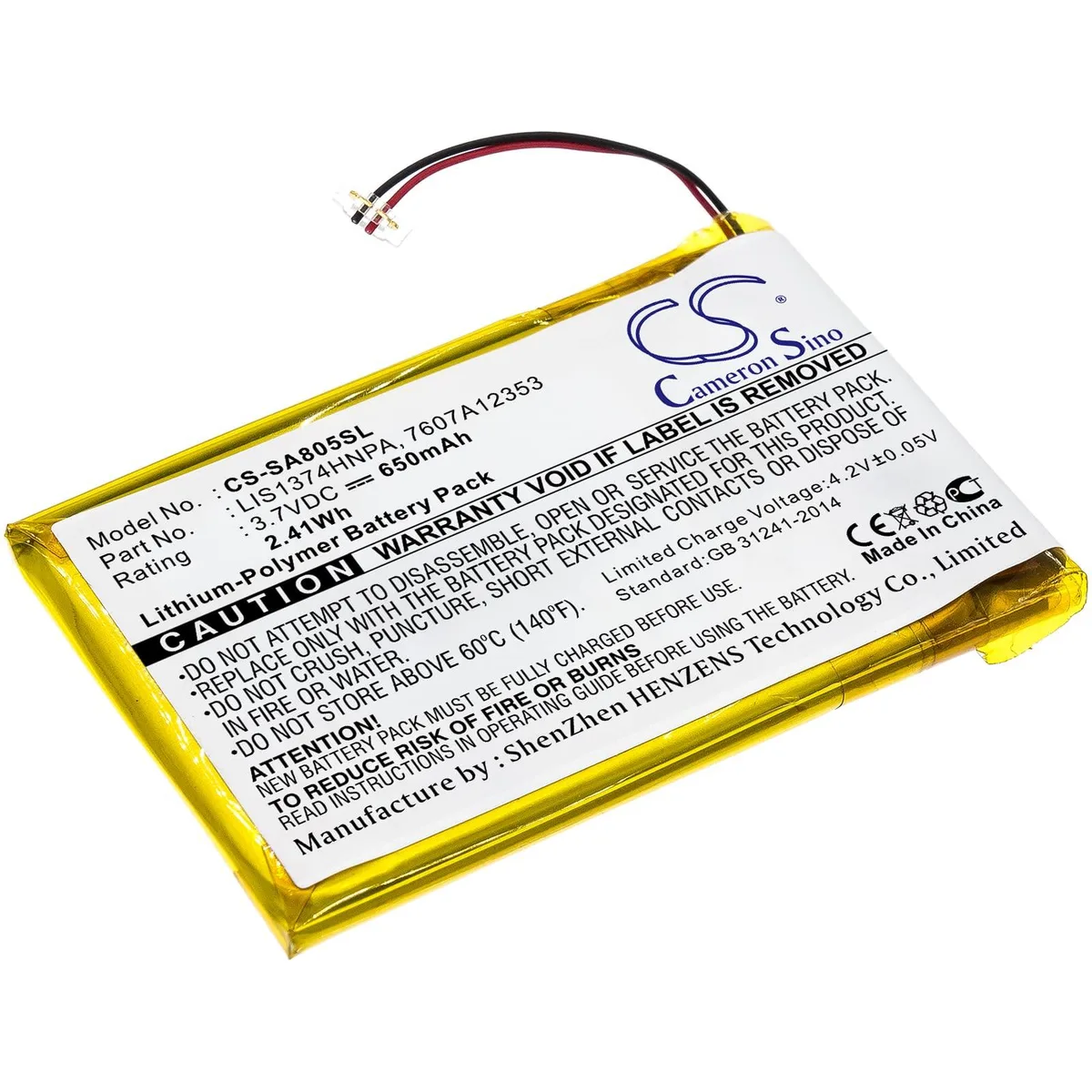 Thin rectangular lithium-ion cell with gold contacts, 51.56 by 34.58 by 3.65 mm